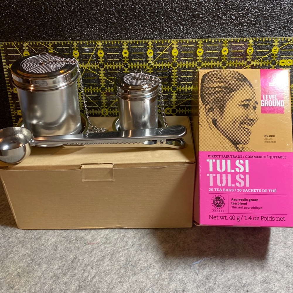 Tea Infuser Set (New in Box) and a New Box of Level Ground Tulsi Tea
